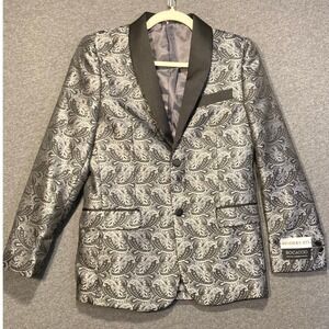 Bocaccio Uomo Boys Silver Black Paisley Blazer Modern Fit Tuxedo Jacket Size 16